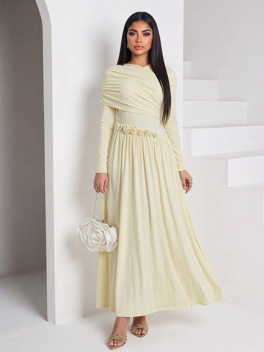 Veilorie 女士纯色褶裥腰身3D立体花卉装饰优雅连衣裙