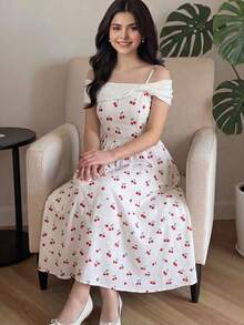 SHEIN Đầm chữ A trễ vai in hoa phối màu dành cho thiếu nữ - trắng - Xem 5