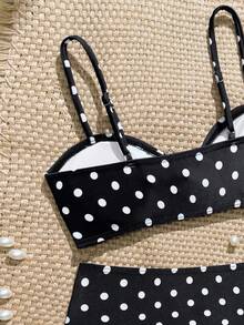 SHEIN Fashion Two-Piece Swimsuit Set For Big Girls, Black With White Polka Dots & Golden Starfish Decoration On Chest, Triangle Swim Bottoms, Summer Swimwea - Black and White - View 5