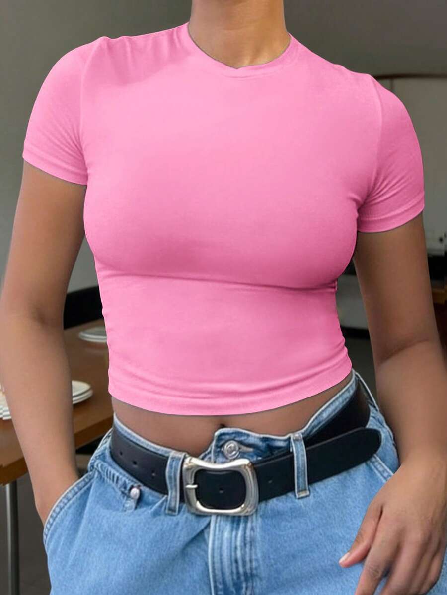 INAWLY Solva Kaos Kasual Wanita Lengan Pendek Leher Bulat Warna Polos - Berwarna merah muda - View 1