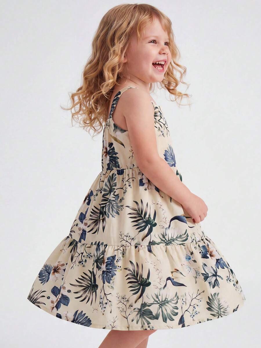 Maija Kids Maija Kids 一件儿童/少女优雅度假休闲宽松杏色热带花卉印花吊带裙,适合日常穿着、聚会、郊游、海滩、度假、春季、夏季 - 彩色 - 查看 1