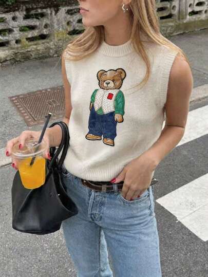 Briarwyn Women's Versatile Cute Bear Embroidered Crew Neck Knit Vest,Summer Tops ,Summer Clothes,Vacation Outfits Women ,Yellow Knit Vest,Old Money Style