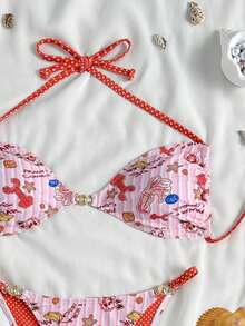 Swim Mod Conjunto de bikini de dos piezas con estampado de lunares de océano y top de atar para vacaciones de verano, atuendo casual de playa para mujer - Multicolor - Ver 3