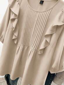 GlowEve CURVE Plus Size Solid Color Round Neck Long Sleeve Ruffle Hem Blouse - Apricot - View 4