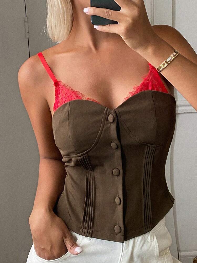 Contrast Color Lace Camisole Slim Fit Elegant Sexy Camisole Tank Top For Women, Summer