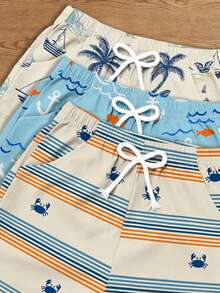 3pcs/Set Young BoyShorts, Tropical Coconut Tree, Wave, Animal Print Casual Shorts, Fashionable Vacation Style Suitable For Travel, Beach, Swimming - Multicolor - View 5