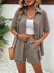 Women's Solid Color Single-Breasted Collar Shirt And Shorts 2 Pieces Set - Khaki - View 3