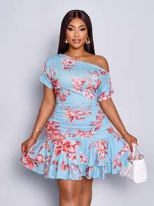 Elegant Mini Dress For Parties And Daytime Events, Featuring An Asymmetrical Neckline, Long Sleeves, Gathered Details, And A Double Ruffle, Made Of Apricot-Colored Knit Fabric For Women. - 磨砂黑 - 查看 2