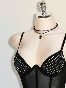 SHEIN ICON Women's Sexy Rhinestone Mesh Fishbone Camisole, Summer - Black - View 4