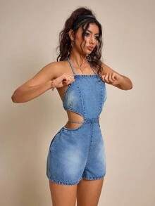 Rivivi Women's Solid Color Minimalist Daily Wear Tie-Neck Backless Denim Jumpsuit/Romper - Blue - View 4