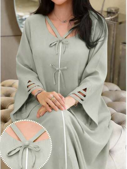 Yasmyna Đầm maxi Thổ Nhĩ Kỳ tay dài thanh lịch dành cho nữ, phối màu tương phản, điểm nhấn là nơ.