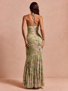 Enchnt Women's Summer Elegant Green Floral Print Chiffon Open Shoulder Halter Long Dress,Vintage Prom Dress,Wedding Guest,Luxury Evening Party Dress - Green - View 8