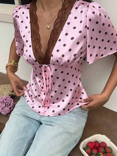 SHEIN EZwear Áo kiểu satin buộc dây phối ren in chấm bi thời trang nữ