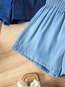 SHEIN 2pcs/Set Girls Casual Solid Color Bow Decor Shorts,Summer Young 2-Piece Set Light And Dark Blue Elastic Waist Ruffled Waistband For - Multicolor - View 7