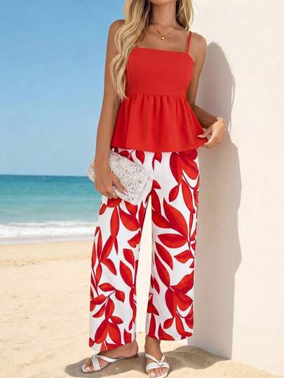 Sylviya Bộ đồ dài 2 mảnh in họa tiết lá cây dành cho nữ, thích hợp cho kỳ nghỉ hè, trang phục đi biển, bộ đồ thường ngày, trang phục nghỉ mát, trang phục mùa hè cho nữ.