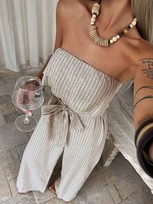 DAZY Casual Tropical Vacation Style Off-Shoulder Striped Jumpsuit For Women, Spring/Summer Jumpsuits For Women Lounge Sets For Women Beach Vacation Gray - Khaki - View 6