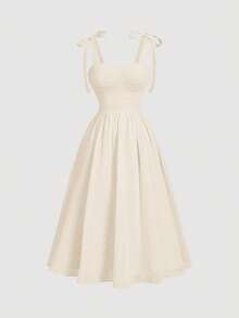 Vestido midi con lazo rojo, tirantes y busto fruncido - Blanco - Ver 4