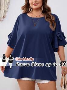 SHEIN CURVE+ Áo sơ mi nữ màu hồng cánh sen cổ tròn trang trí nơ, cỡ US22, phong cách Bohemia, thích hợp cho lễ hội âm nhạc, kỳ nghỉ bên bờ biển, mùa hè. - Màu xanh hải quân - Xem 8