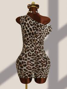 1pc Women's Summer Beach Vacation Leopard Print Asymmetric Neck Cover-Up - Multicolor - View 2