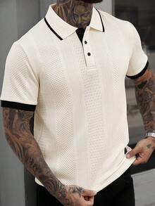 Manfinity CasualCool Áo Polo nam thời trang thường ngày với viền tương phản và cúc cài - Kem - Xem 1