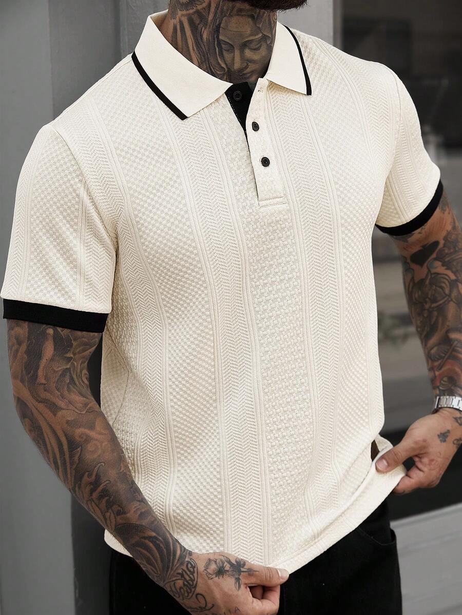 Manfinity CasualCool Áo Polo nam thời trang thường ngày với viền tương phản và cúc cài - Kem - Xem 1