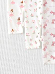 SHEIN Playful Pals 4件套女婴纯色弹力腰带打底裤/长裤/紧身裤，婴儿下装套装，可爱爱心印花设计，百搭甜美，春夏装扮，舒适透气，时尚女童套装，休闲穿着，儿童花卉图案服装，春夏套装，新款，清凉舒适，春日气息，暑假必备 - 彩色 - 查看 4