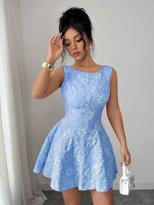 Elenzga Vestido elegante sin mangas con espalda anudada y estampado jacquard, para verano - Celeste - Ver 7