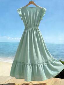 GlowEve Women's Floral Embroidery Ruffle Hem Long Dress With Tassel Decor Summer Graduation Vacation Beach Golf Pastal Tropical Sexy Jamican Sage Green - Green - View 2