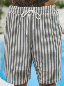 ResortEase 男士休閒條紋短袖襯衫與短褲2件套，春/夏，度假 - 黑與白 - 查看 4