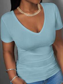 Slaydiva 2025 Nueva Camiseta Básica sin Mangas con Cuello en V Acanalada para Mujer Talla Grande, Blanco - Azul menta - Ver 1