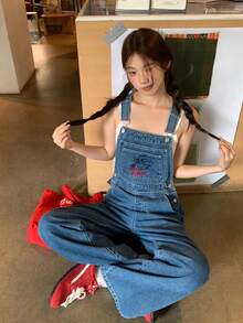 TOM AND JERRY X DAZY 韩式卡通刺绣女式背带牛仔裤、工装裤和连体裤 - 藍色 - 查看 4