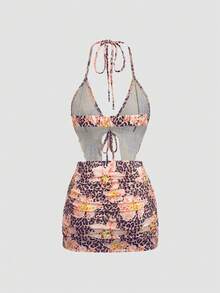 SHEIN Unity Conjunto de Duas Peças com Estampa Floral de Leopardo, Cropped com Decote em V e Costas Abertas, e Saia Míni com Babados, Design Casual, Sexy e Ideal para Férias e Festas, Primavera/Verão - Castanho - Visão 2