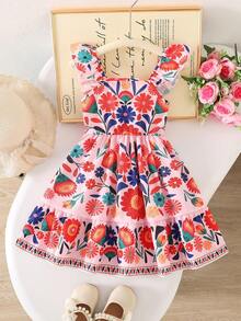 SHEIN Elladie kids 小女孩甜美可爱沙滩度假夏季短袖蝴蝶结装饰连衣裙，适合日常和假日穿着 - 橘色 - 查看 8