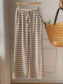 Comfortcana Quần dệt kim kẻ sọc mùa hè dành cho nữ - Màu Khaki - Xem 5