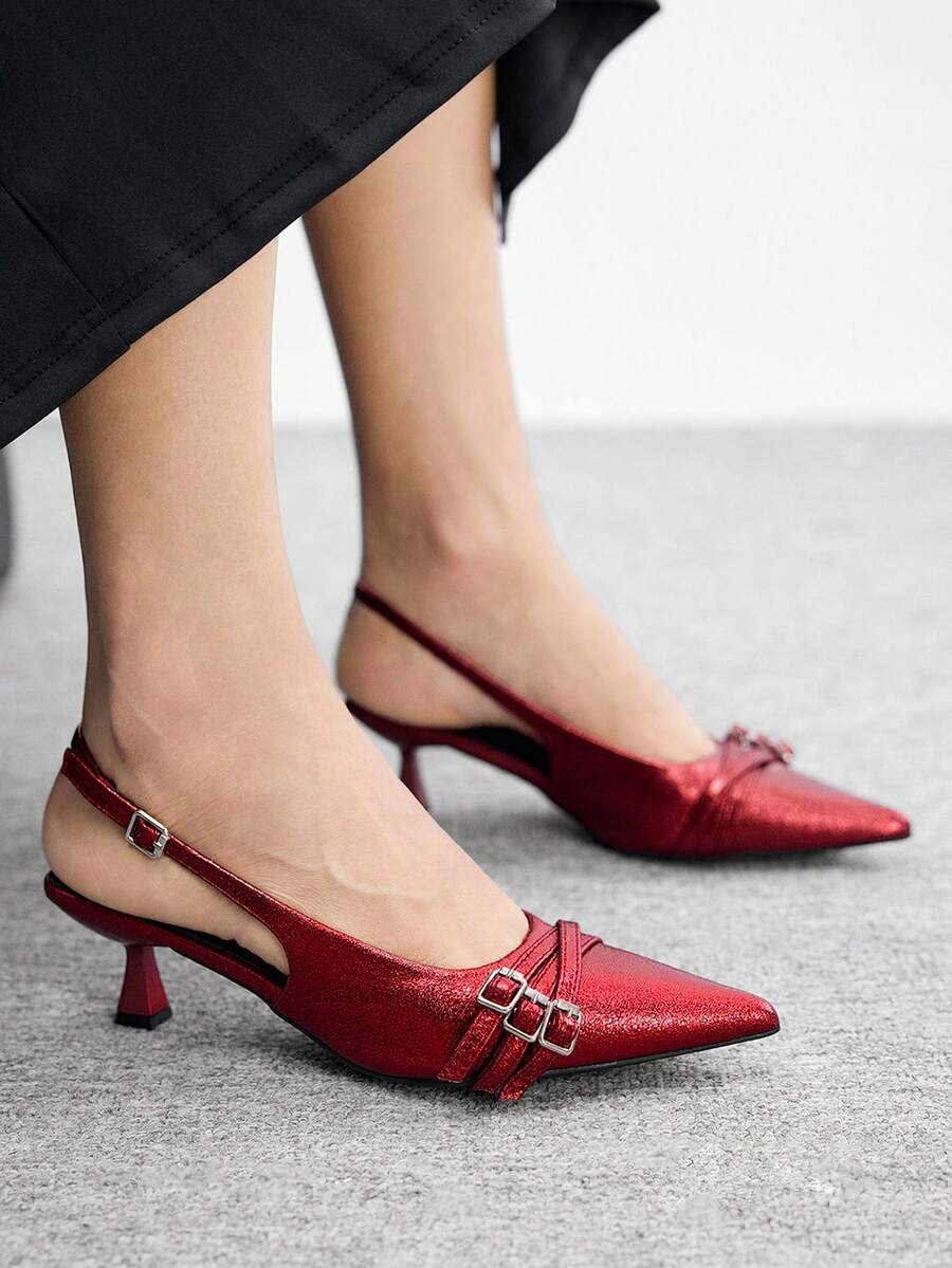 CUCCOO BIZCHIC Women's Pointed Toe Sexy Back Strap Buckle Low Vamp Spring Shoes Commuter Versatile Kitten Heel Stiletto Women's Shoes PU Glossy - Crimson - View 1