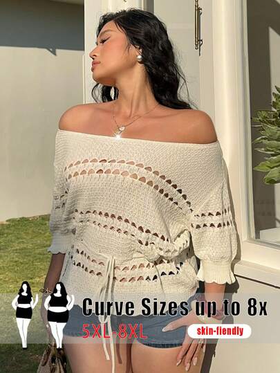 SHEIN CURVE+ Women's Spring/Summer Casual Minimalist Elegant Romantic Soft Daily Commute Street Versatile Vacation Picnic Design Sense Young Off Shoulder Short Sleeve Drawstring Hollow Ruffle Apricot Waist Slimming Plus Size Knit Pullover Top