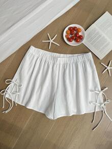 Comfortcana شورت كاجوال مقاس كبير بلون أبيض سادة مزين بفيونكة، للربيع والصيف والعطلات - أبيض - مشاهدة 1
