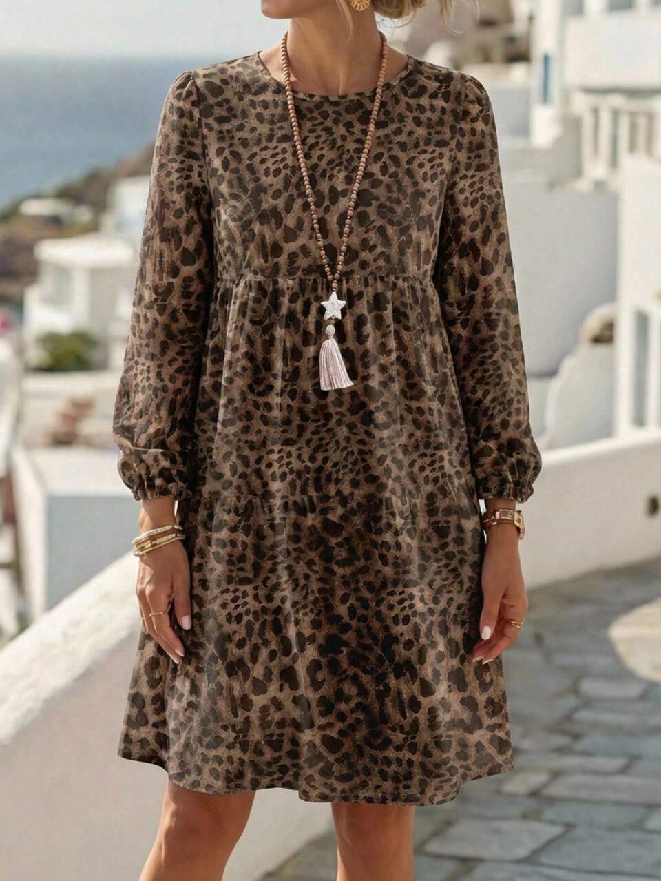 Women's Brown Autumn Boho Vacation Holiday Dress,Printed V-Neck Bell Sleeve Retro Casual Elegant Summer Resort Dress,Back-To-School Teacher Dress