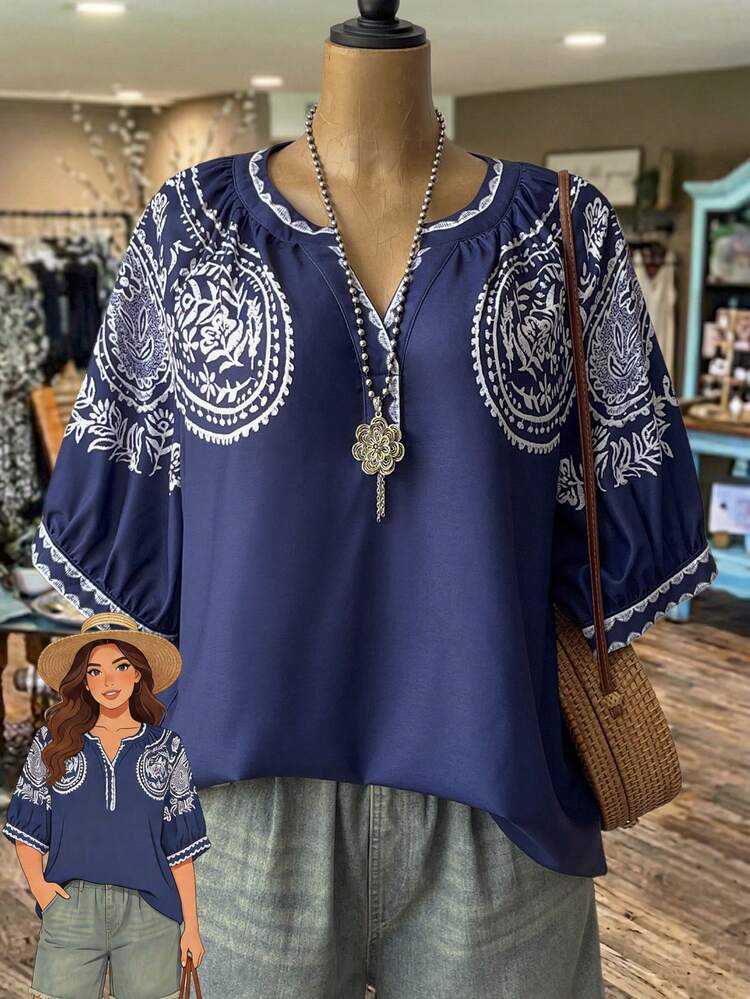 Plus Size Women's Summer Casual Vacation Country Navy Blue Paisley Print Floral Print  Short Sleeve Shirt Blouse Top,Suitable For Summer, Vacation, Daily Wear, Festival Outfits For Women,Beach Outfits For Women,Gifts For Mother,Boho Top,Mothers Day Outfit, Casual Vacation Wear,Summer Outfits For Women,Summer Holiday,Vacation Outfits Women,Simple And Fashionable For Everyday Wear,Casual Holiday Style,Summer Outfits For Women ,Vacation Outfits Women ,Holiday Outfits For Women,Going Out Outfits, New Clothes,Simple And Fashionable For Everyday Wear,Suitable For Summer, Vacation, Daily Wear, Festival Outfits For Women,Country Concert Outfit,Beach Outfits For Women,Western Style,Boho Top,Blouse Top Shirt