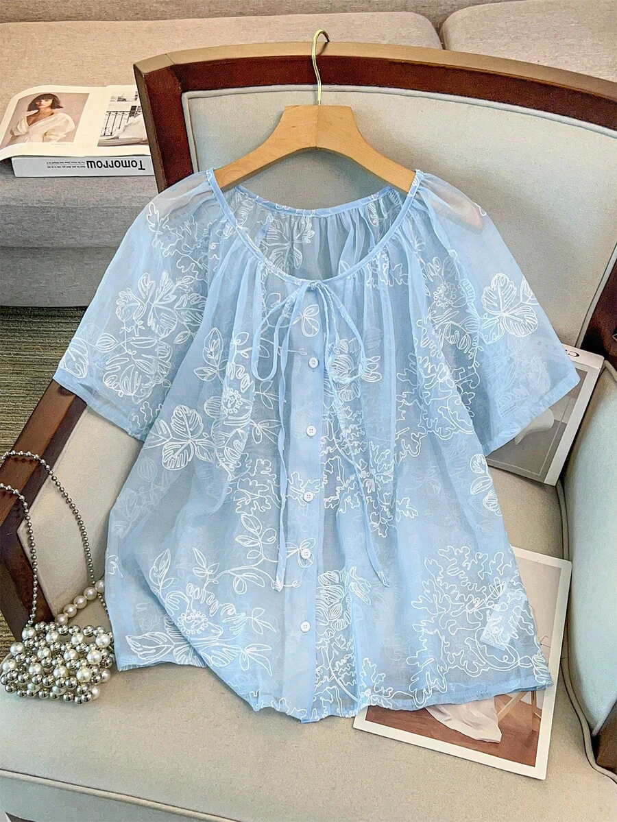 Summer Fashion Casual French Retro Elegant Commuting Blue Mesh Embroidery Tie Bow Blouse - Blue - View 1