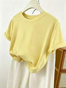 Resyla Plus Size Women Summer Solid Color Round Neck Short Sleeve T-Shirt - Yellow - View 1