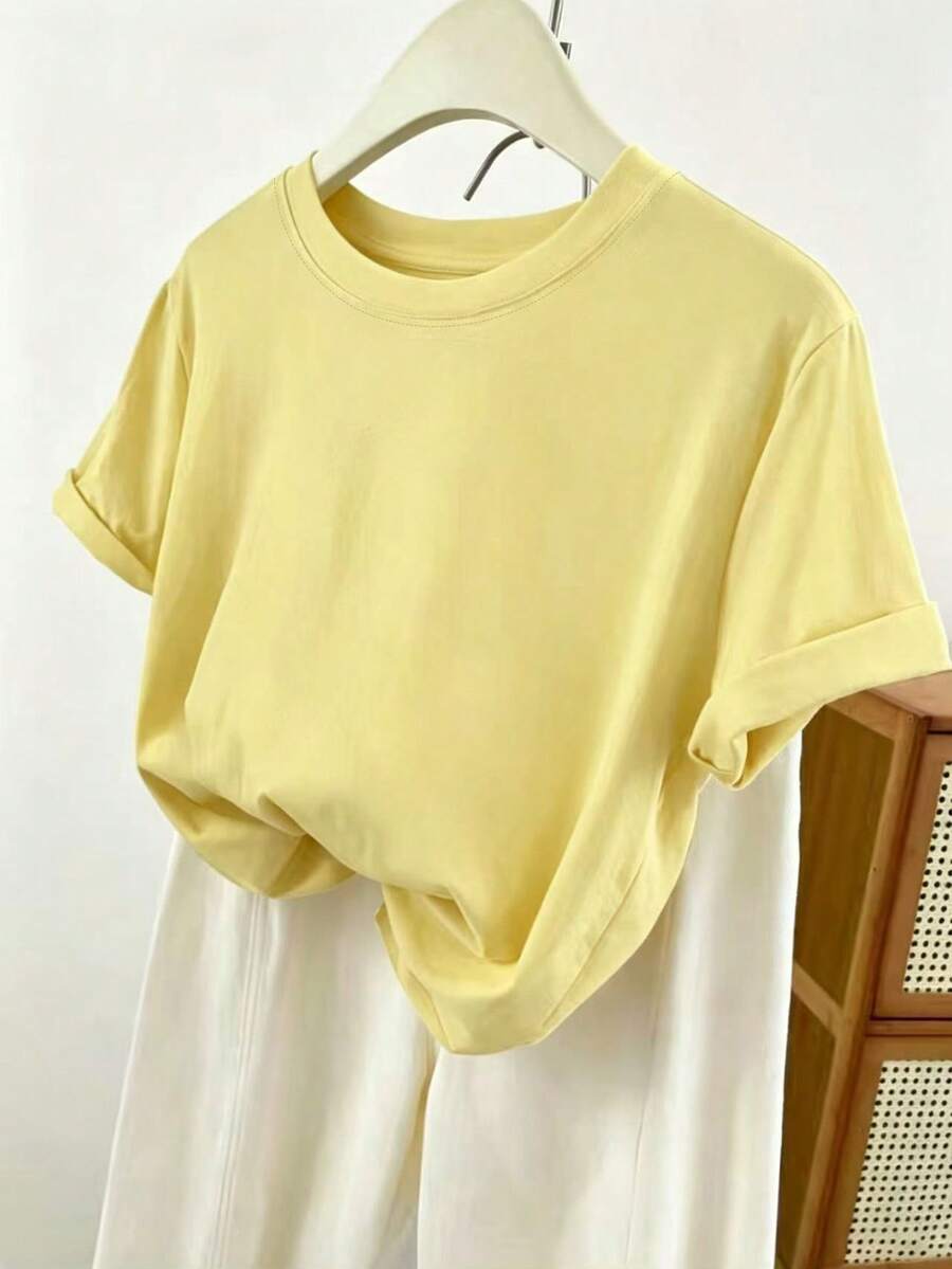 Resyla Plus Size Women Summer Solid Color Round Neck Short Sleeve T-Shirt - Yellow - View 1