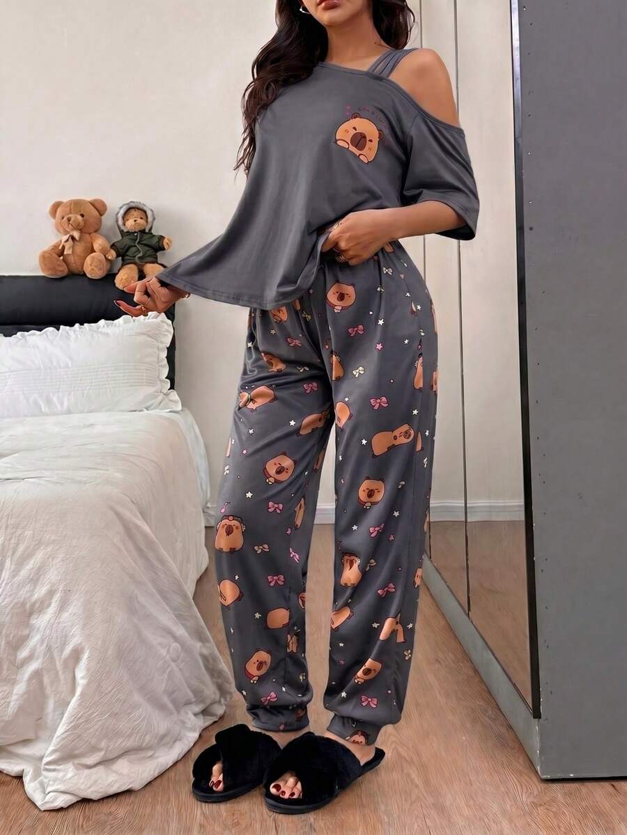 Napfluff Cartoon Animal Print Asymmetric Neck Short Sleeve Pajama Set - Multicolor - View 1