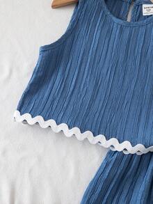 2pcs Young Girl Woven Solid Color Round Neck Casual Vest And Shorts Set - Blue - View 5