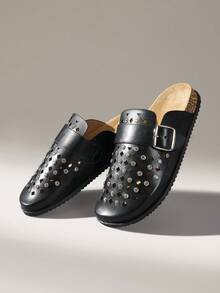 Solecia Comfortable Women's Black Flat Clogs With Diamond Cutouts And Sparkling Rhinestones Casual Slip On - Black - View 6