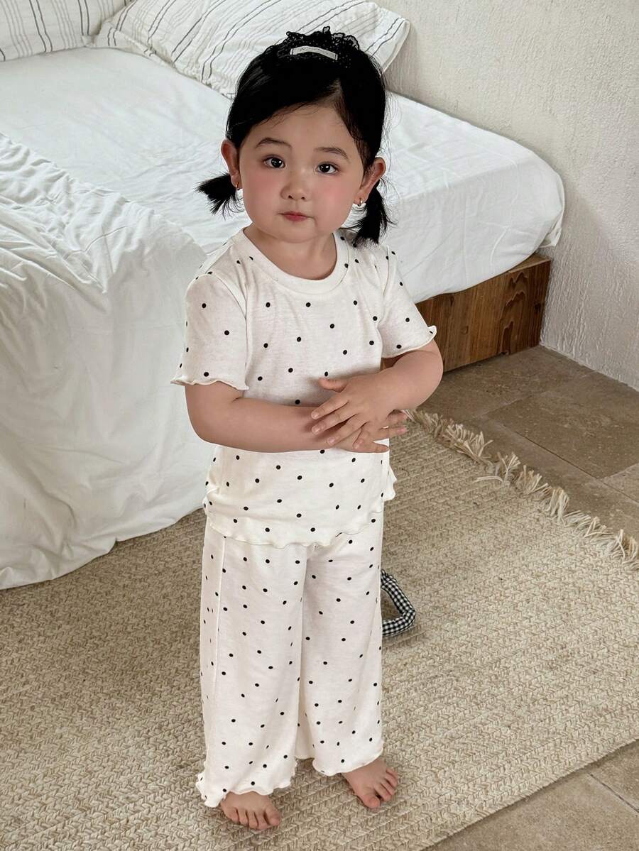 DAZY 女婴圆领波点短袖T恤和休闲宽松裤睡衣套装 - 白色 - 查看 1
