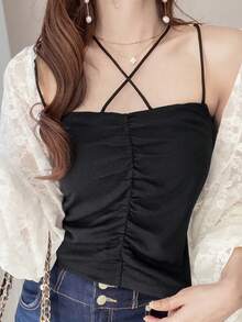 FRIFUL 女款純色交叉抓褶休閒細肩帶夏季掛脖上衣 - 黑色 - 查看 2