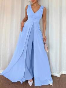 Rafferiza Elegant V-Neck Ruched Waist Pearl Chiffon Wide Leg Jumpsuit, Suitable For Wedding Guest Dresses, Purple, Graceful Ladies Jumpsuit Light Blue Jumpsuit Elegant Jumpsuit Summer Jumpsuit - Baby Blue - View 4
