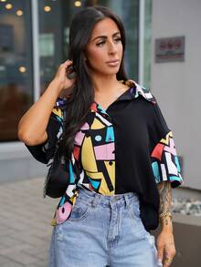 SAYEHFBABY Fashionable Contrast Color Print Patchwork Button Up Oversized Shirt - Multicolor - View 1