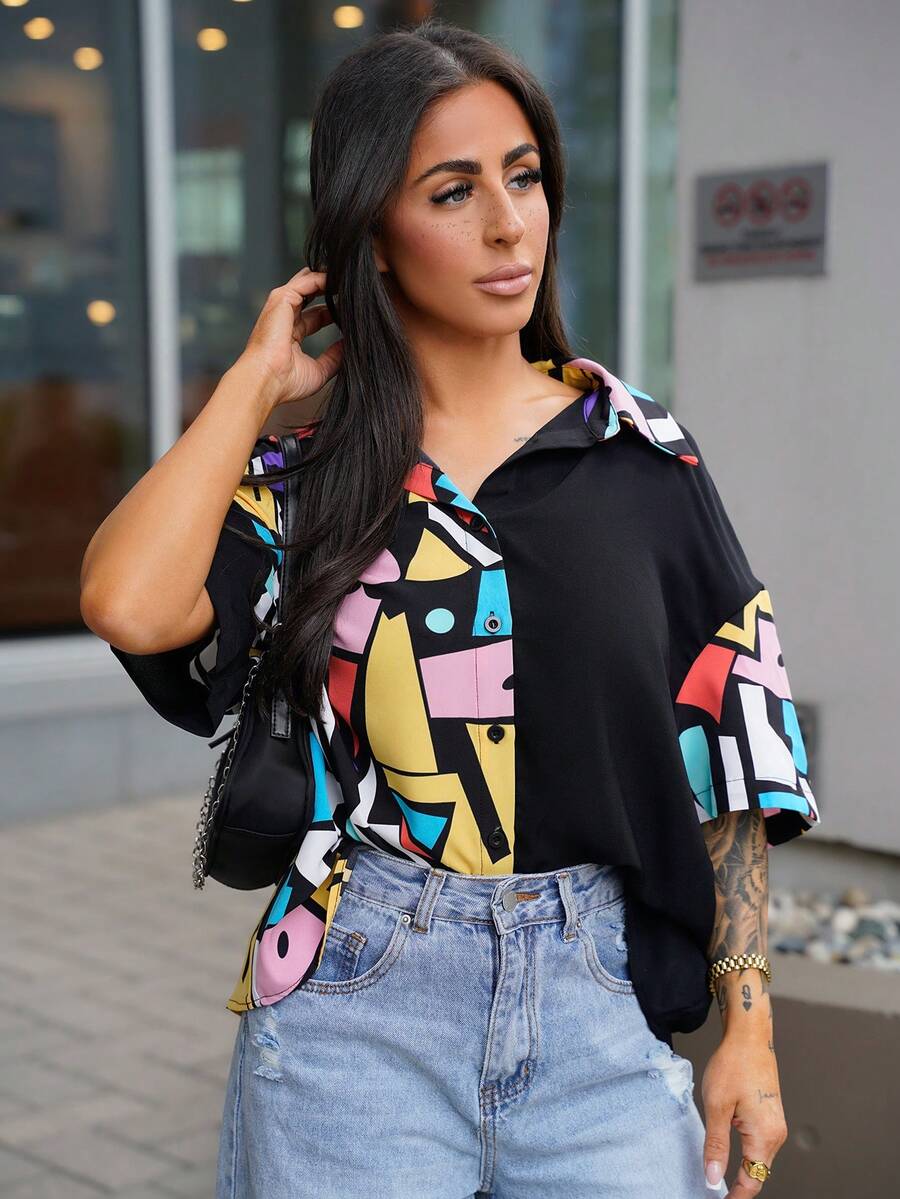 SAYEHFBABY Fashionable Contrast Color Print Patchwork Button Up Oversized Shirt - Multicolor - View 1
